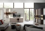 Moderne Wohnzimmer-Wandkombination mit Holz- und Glaselementen, TV-Schrank und dekorativen Regalen, seitliche Perspektive.