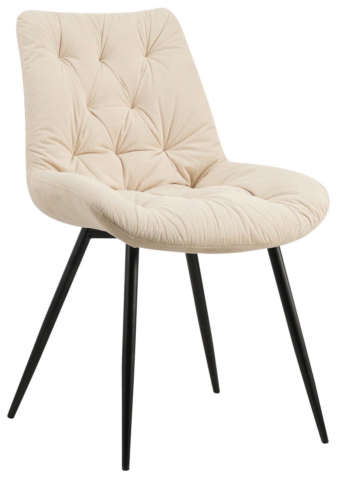 Osca Stuhl CLAUDIO Beiger, gepolsterter Stuhl mit schwarzen Metallbeinen, seitliche Perspektive