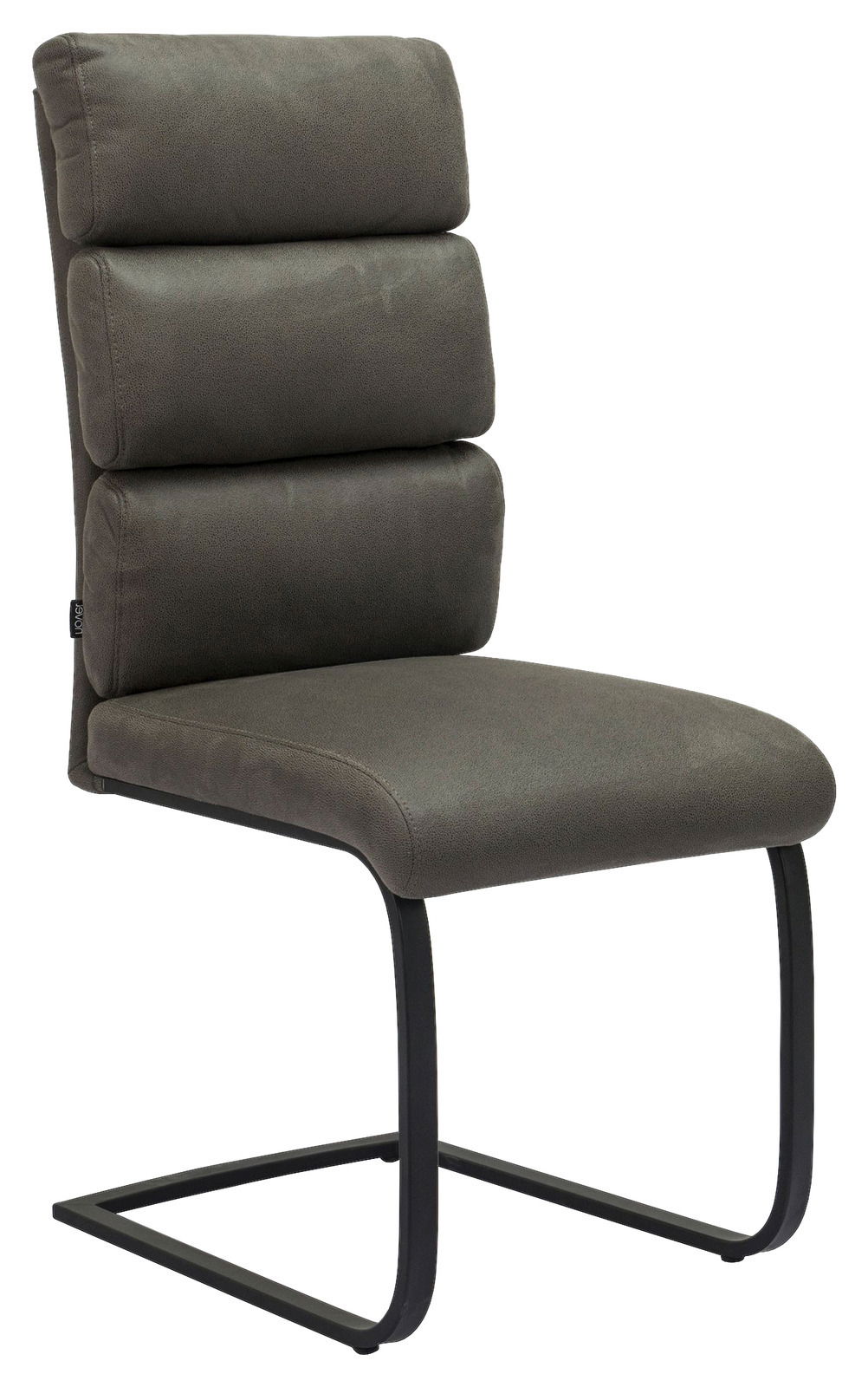 Freischwinger-Stuhl in dunklem Stoff mit gepolsterter Rückenlehne und schwarzem Metallgestell, seitliche Perspektive