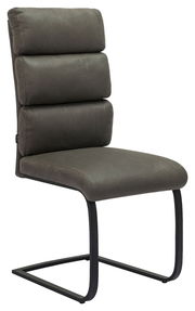 Freischwinger-Stuhl in dunklem Stoff mit gepolsterter Rückenlehne und schwarzem Metallgestell, seitliche Perspektive