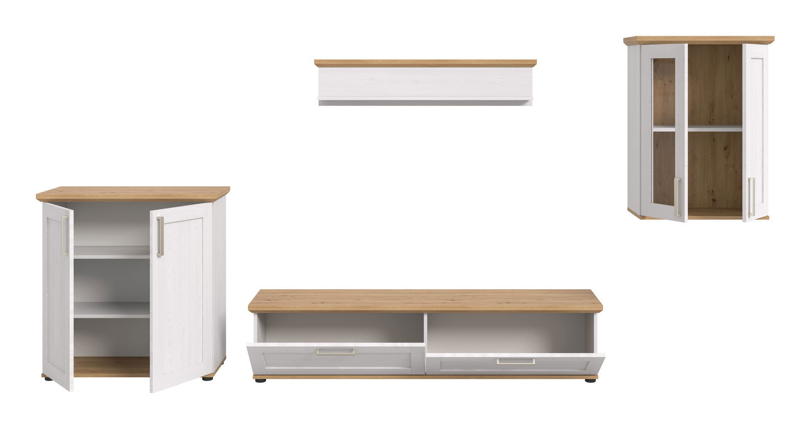Wohnkombination aus weißem Holz mit naturfarbenen Oberflächen, bestehend aus einem niedrigen TV-Schrank, einem Hängeregal, einem Eckschrank und einem kleinen Schrank, frontal und seitlich abgebildet.