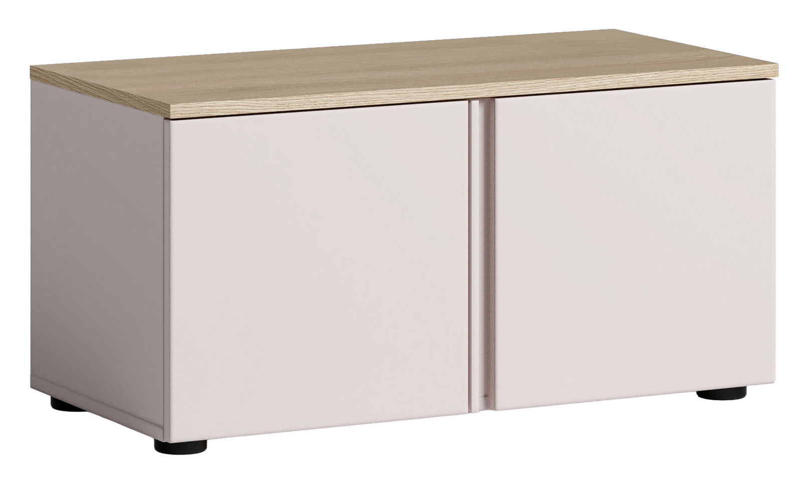 Weiße Bank mit zwei Türen und einer Holzoberfläche, seitliche Perspektive