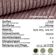 Nahaufnahme (Detailansicht) eines altrosa Cordstoffs mit gerippter Struktur; Infografik mit Stoffdaten: Cord, Farbe Altrosa, Material 90% PES/10% NY, 35.000 Scheuertouren, Abriebfestigkeit 4–5, Pillingfestigkeit 5, Pflegehinweise sowie OEKO-TEX Standard 1