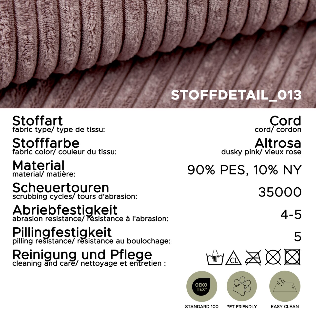 Nahaufnahme (Detailansicht) eines altrosa Cordstoffs mit gerippter Struktur; Infografik mit Stoffdaten: Cord, Farbe Altrosa, Material 90% PES/10% NY, 35.000 Scheuertouren, Abriebfestigkeit 4–5, Pillingfestigkeit 5, Pflegehinweise sowie OEKO-TEX Standard 1