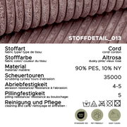 Nahaufnahme (Detailansicht) eines altrosa Cordstoffs mit gerippter Struktur; Infografik mit Stoffdaten: Cord, Farbe Altrosa, Material 90% PES/10% NY, 35.000 Scheuertouren, Abriebfestigkeit 4–5, Pillingfestigkeit 5, Pflegehinweise sowie OEKO-TEX Standard 1