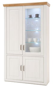 Weiße Kombi-Vitrine mit Holzoberfläche und Glastüren, gefüllt mit Geschirr, aus frontaler Perspektive.