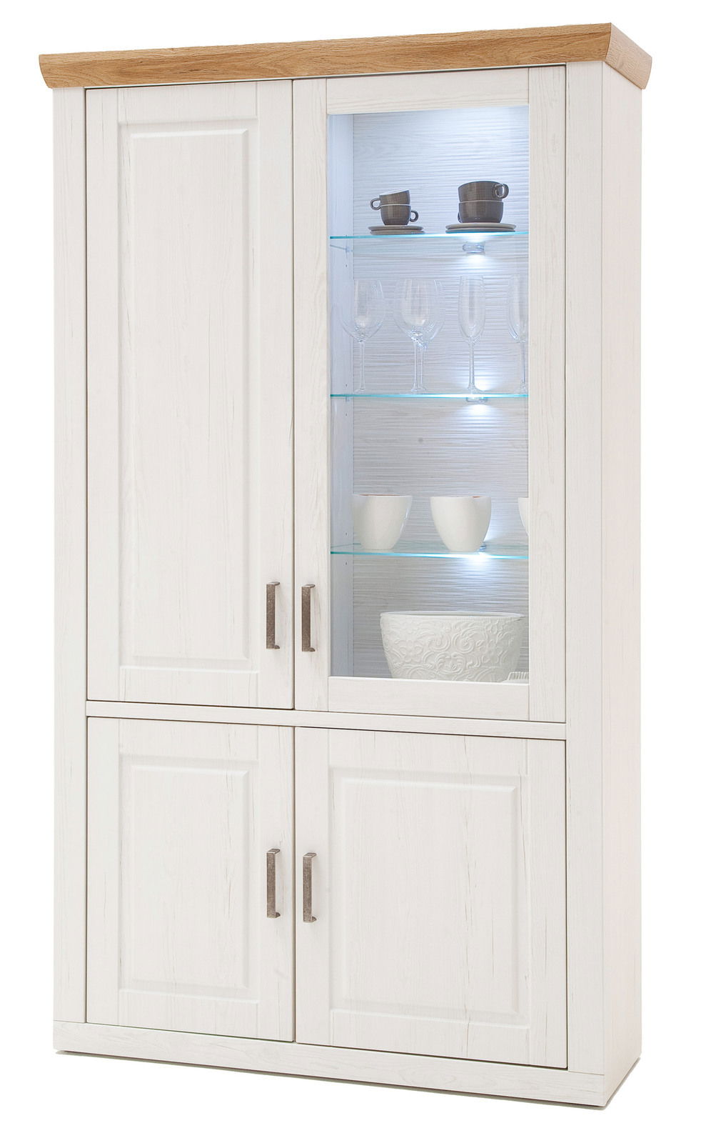 Weiße Kombi-Vitrine mit Holzoberfläche und Glastüren, gefüllt mit Geschirr, aus frontaler Perspektive.