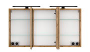 Spiegelschrank 120 cm mit drei offenen Türen, Holzrahmen und Glasregalen, Frontansicht