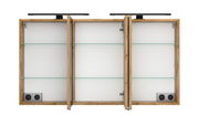 Spiegelschrank 120 cm mit drei offenen Türen, Holzrahmen und Glasregalen, Frontansicht