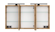 Spiegelschrank 120 cm mit drei offenen Türen, Holzrahmen und Glasregalen, Frontansicht
