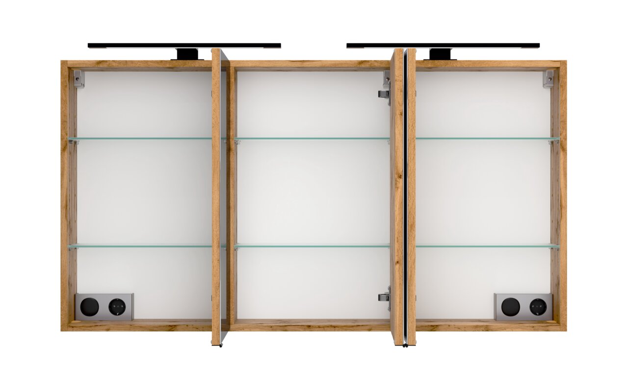 Spiegelschrank 120 cm mit drei offenen Türen, Holzrahmen und Glasregalen, Frontansicht