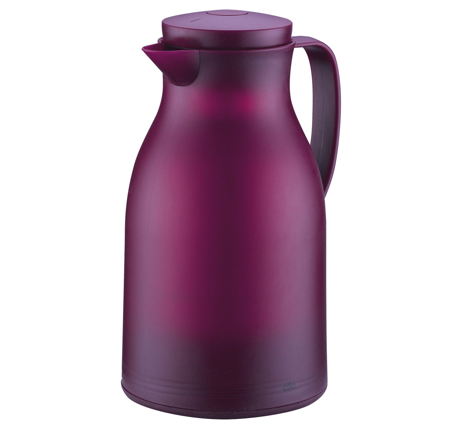 Lila Isolierkanne mit Griff, seitliche Perspektive