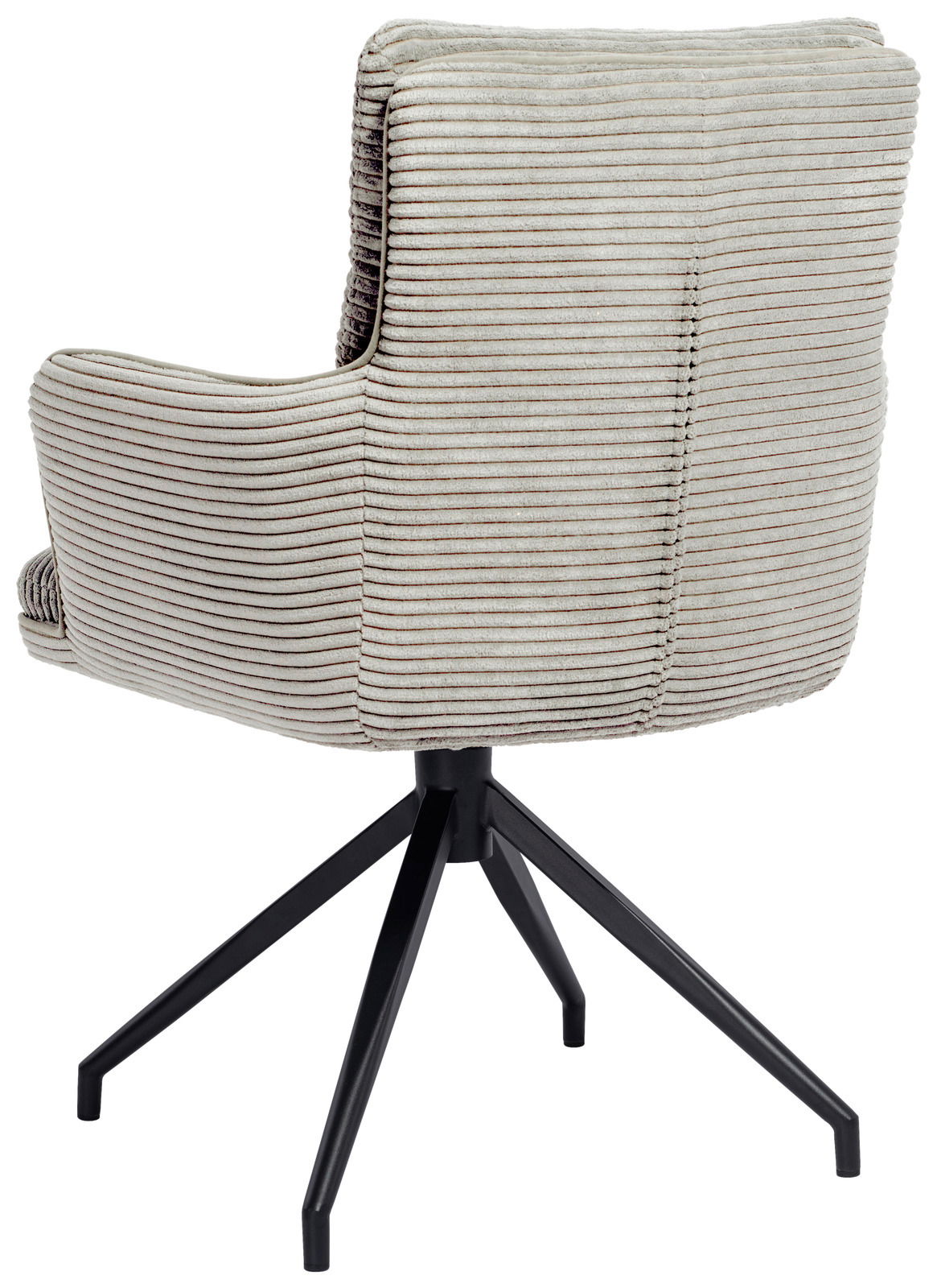 Rückansicht eines Armlehnstuhls mit gestreiftem Stoffbezug und schwarzem Metallgestell.