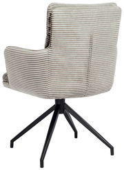 Rückansicht eines Armlehnstuhls mit gestreiftem Stoffbezug und schwarzem Metallgestell.