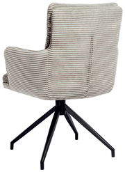 Rückansicht eines Armlehnstuhls mit gestreiftem Stoffbezug und schwarzem Metallgestell.