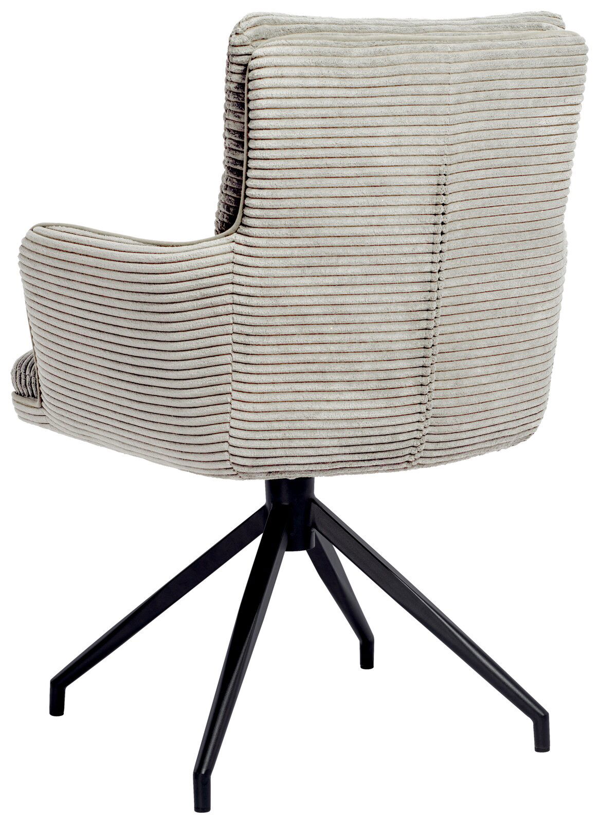 Rückansicht eines Armlehnstuhls mit gestreiftem Stoffbezug und schwarzem Metallgestell.