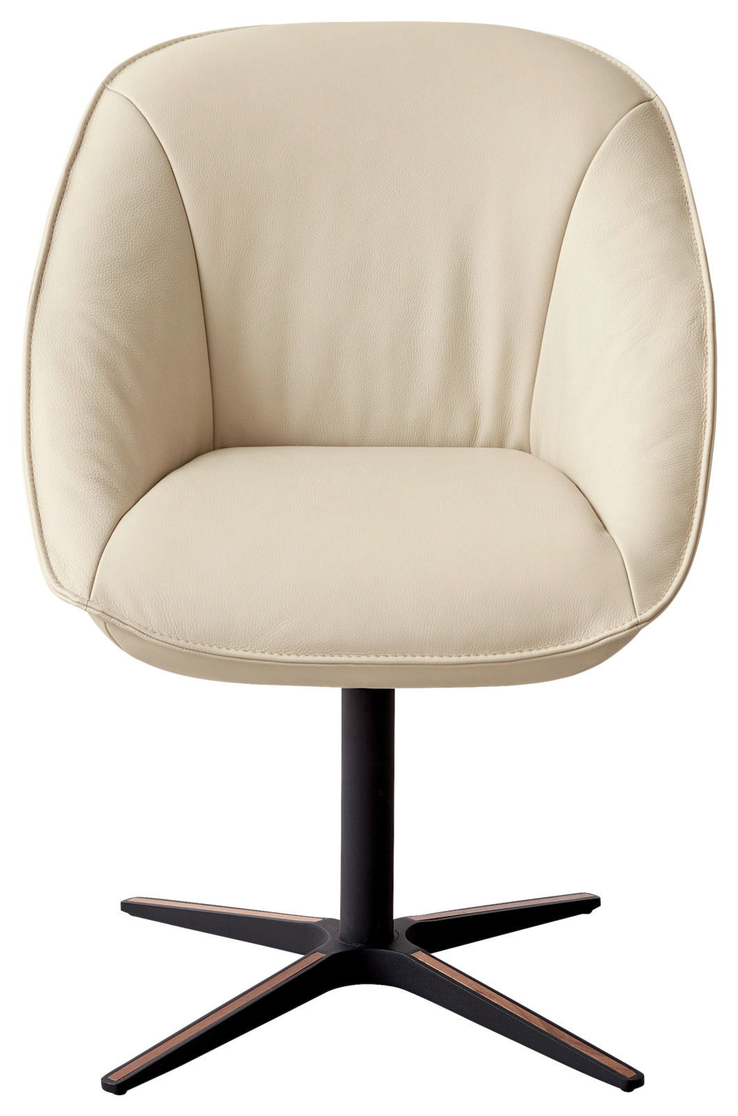 Beiger Armlehnstuhl mit schwarzem Drehfuß, Frontalansicht