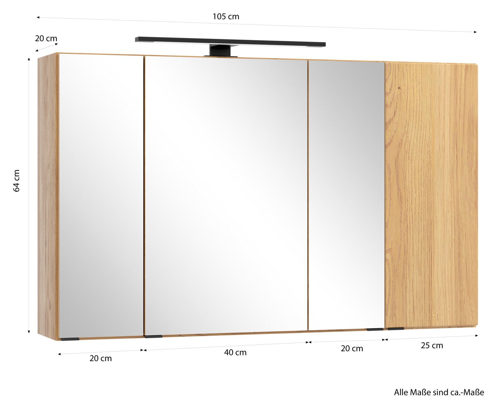 Frontansicht eines 105 x 64 x 20 cm breiten Spiegelschranks mit Holzdekor-Korpus, drei Spiegeltüren und integrierter schwarzer Aufsatzleuchte; Maße ca.