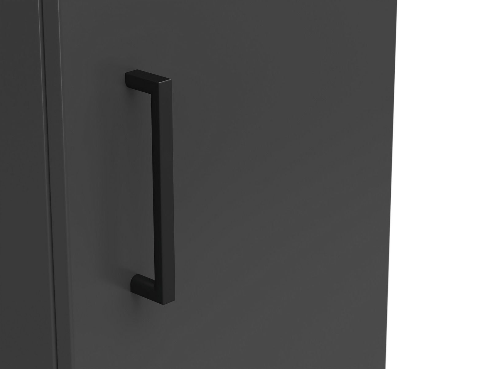 Nahaufnahme eines schwarzen Griffs an einem grauen Mehrzweckschrank, seitliche Perspektive