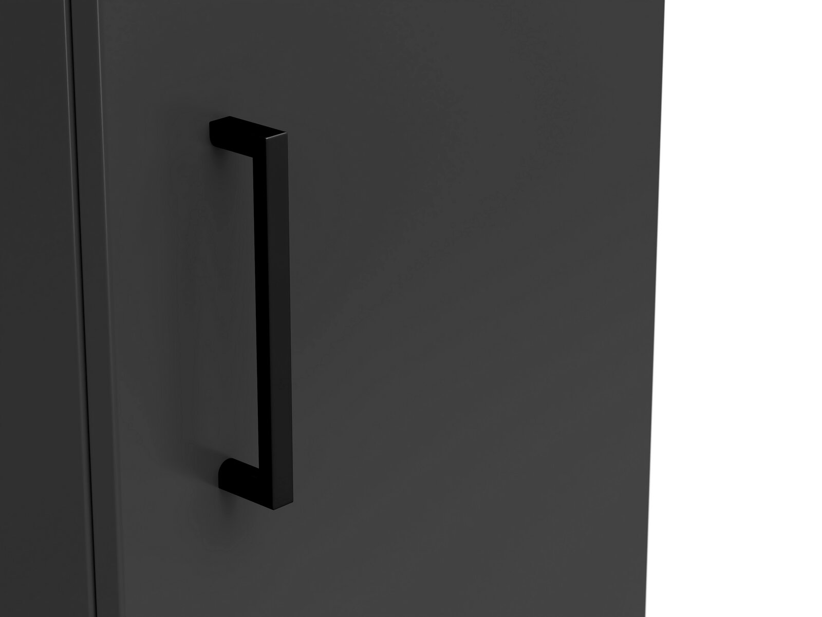 Nahaufnahme eines schwarzen Griffs an einem grauen Mehrzweckschrank, seitliche Perspektive