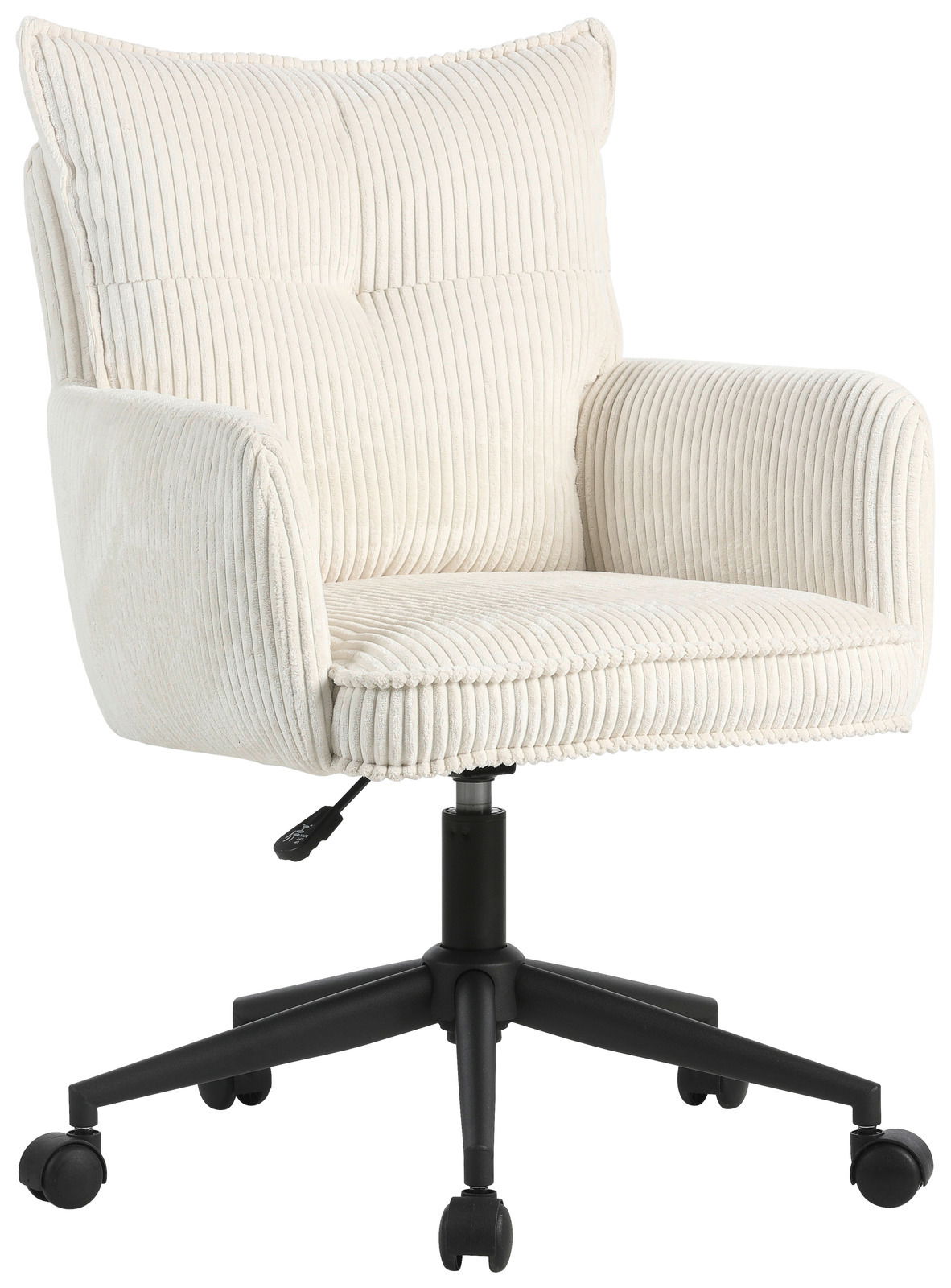 Carryhome Drehstuhl LUCIE Beiger Drehstuhl mit weichem, geripptem Stoffbezug, Armlehnen und schwarzem Fußgestell, seitliche Perspektive