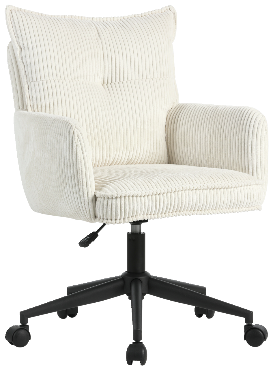 Carryhome Drehstuhl LUCIE Beiger Drehstuhl mit weichem, geripptem Stoffbezug, Armlehnen und schwarzem Fußgestell, seitliche Perspektive