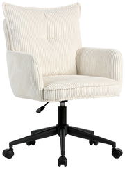 Beiger Drehstuhl mit weichem, geripptem Stoffbezug, Armlehnen und schwarzem Fußgestell, seitliche Perspektive