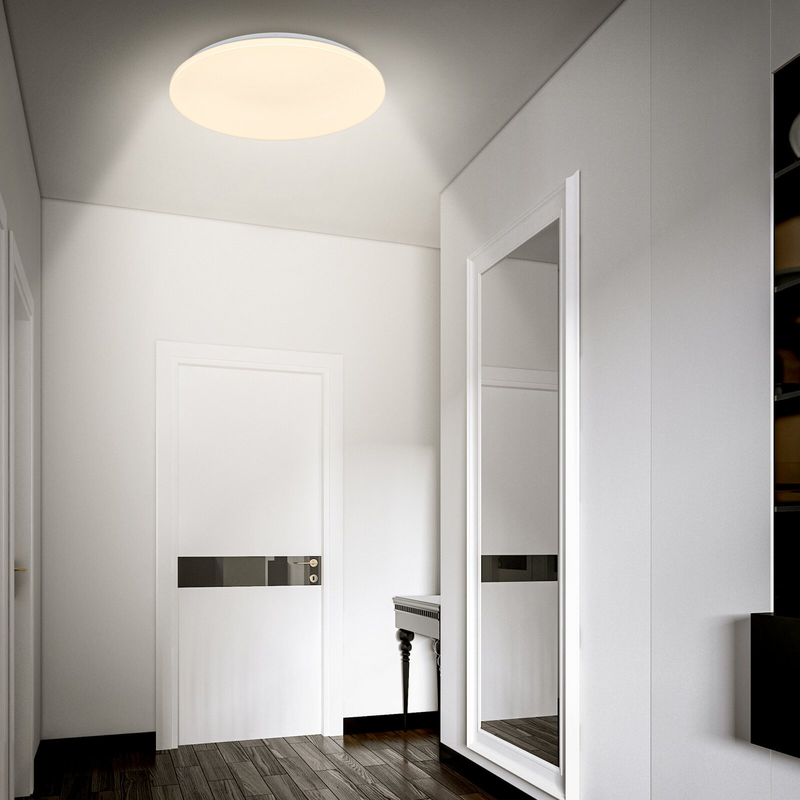 Briloner LED-plafondlamp WALK Ronde plafondlamp met warm wit licht in een moderne witte hal, gezien vanuit een laag standpunt omhoog richting het plafond (kikvorsperspectief)