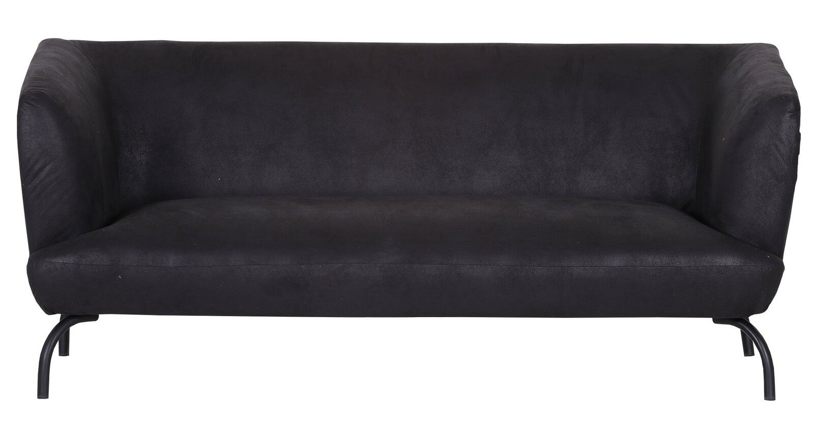 Schwarzes 3-Sitzer Sofa mit gebogenen Armlehnen, frontal fotografiert.