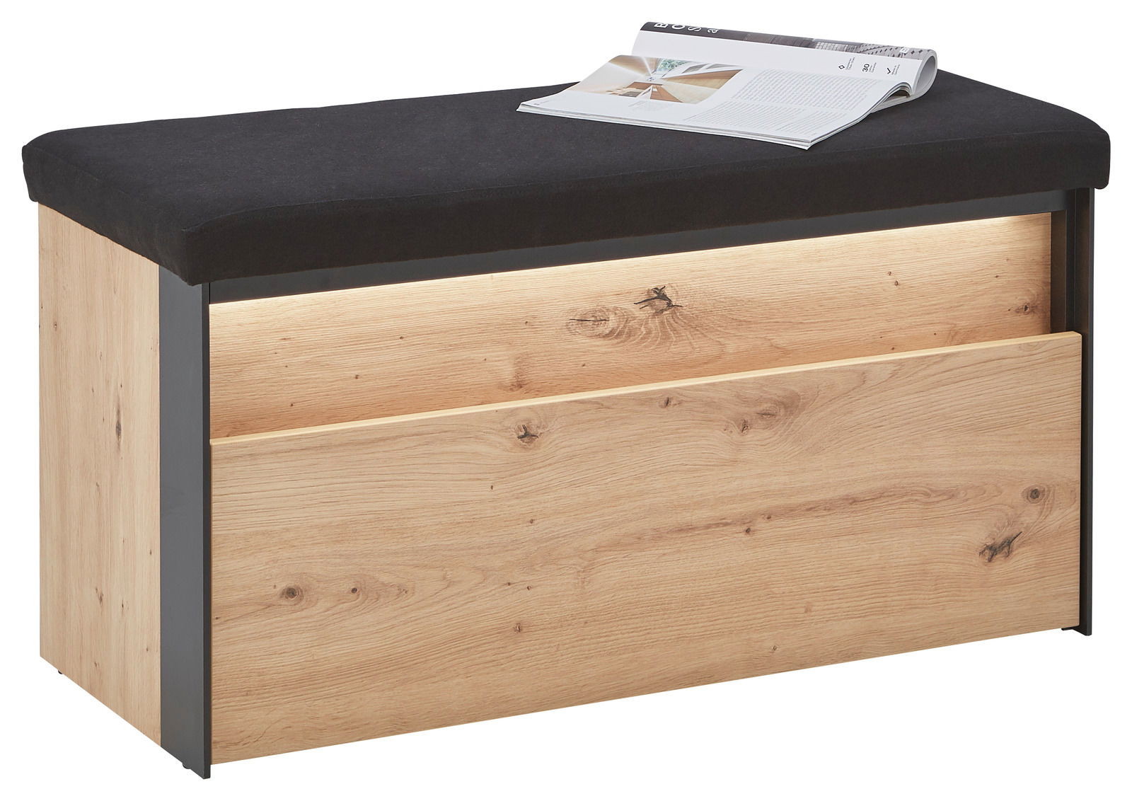 Voleo Garderobenbank Garderobenbank aus Holz mit schwarzer Polsterung, seitliche Perspektive