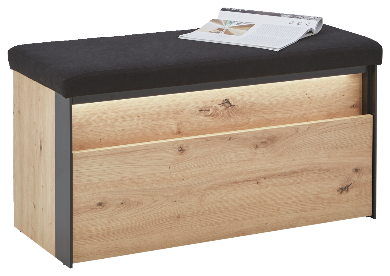 Voleo Garderobenbank Garderobenbank aus Holz mit schwarzer Polsterung, seitliche Perspektive