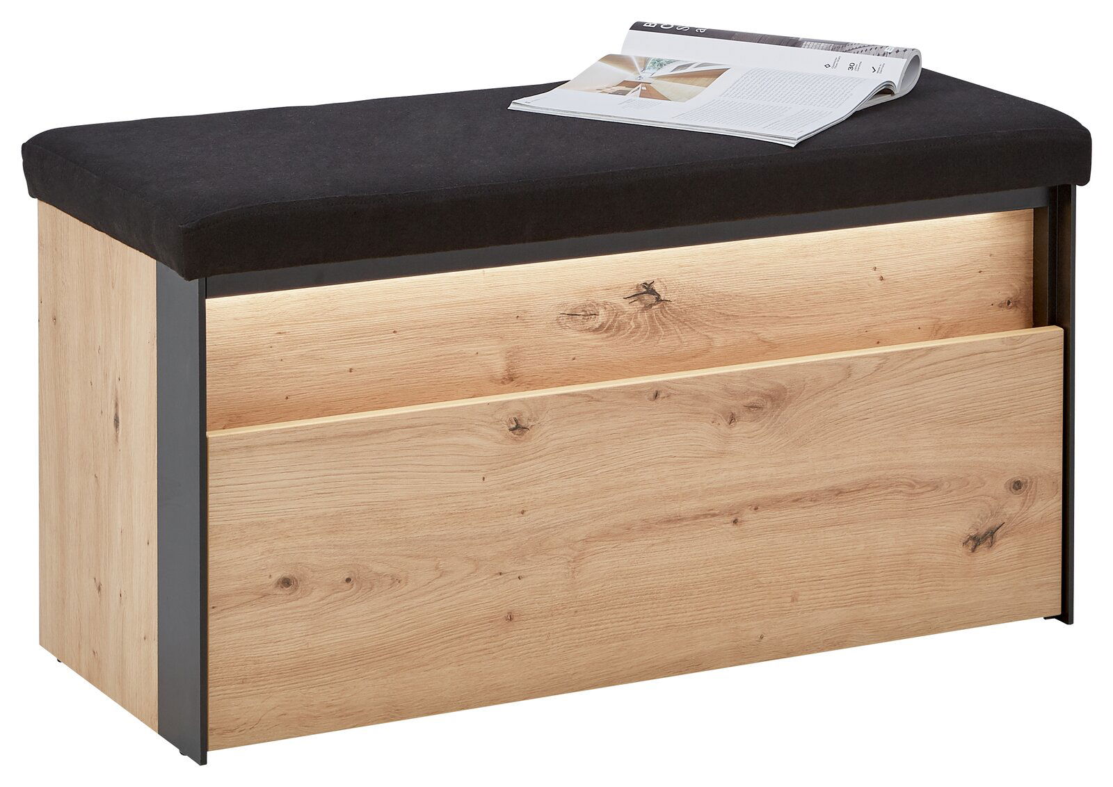 Voleo Garderobenbank Garderobenbank aus Holz mit schwarzer Polsterung, seitliche Perspektive