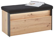 Garderobenbank aus Holz mit schwarzer Polsterung, seitliche Perspektive