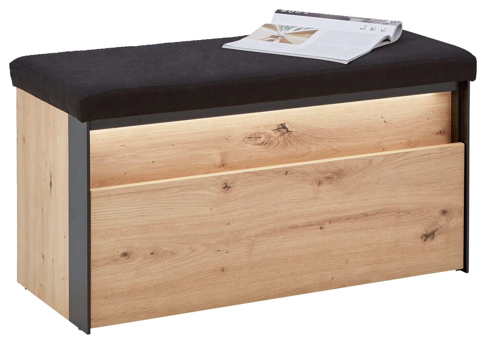 Garderobenbank aus Holz mit schwarzer Polsterung, seitliche Perspektive