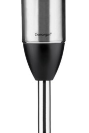 Nahaufnahme eines Stabmixers Kult-X aus Edelstahl mit schwarzem Griff, seitliche Perspektive
