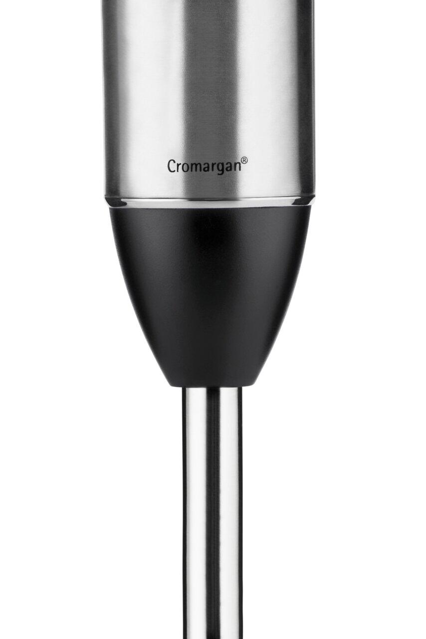 Nahaufnahme eines Stabmixers Kult-X aus Edelstahl mit schwarzem Griff, seitliche Perspektive