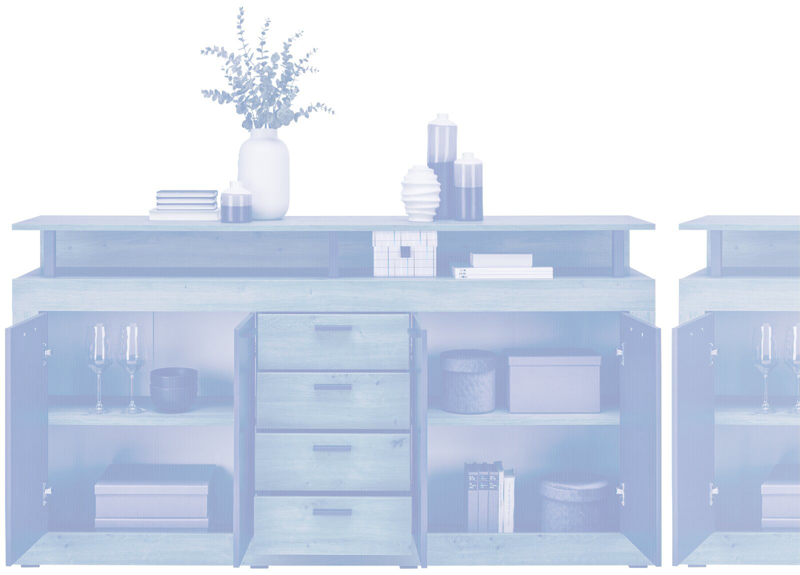 Frontale Ansicht des XORA XL-Sideboards MILA mit offenen Türen und Schubladen, dekoriert mit Büchern, Vasen und Gläsern.