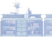 Frontale Ansicht des XORA XL-Sideboards MILA mit offenen Türen und Schubladen, dekoriert mit Büchern, Vasen und Gläsern.