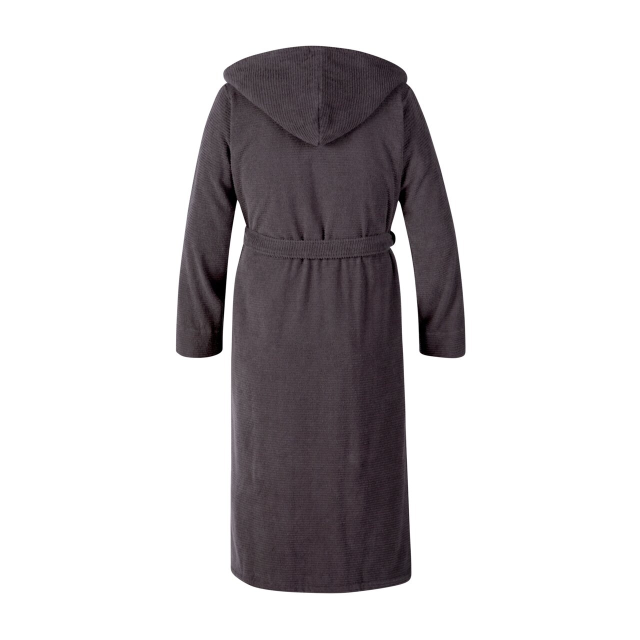 Rückansicht eines grauen Kapuzenbademantels in Größe S mit Gürtel.