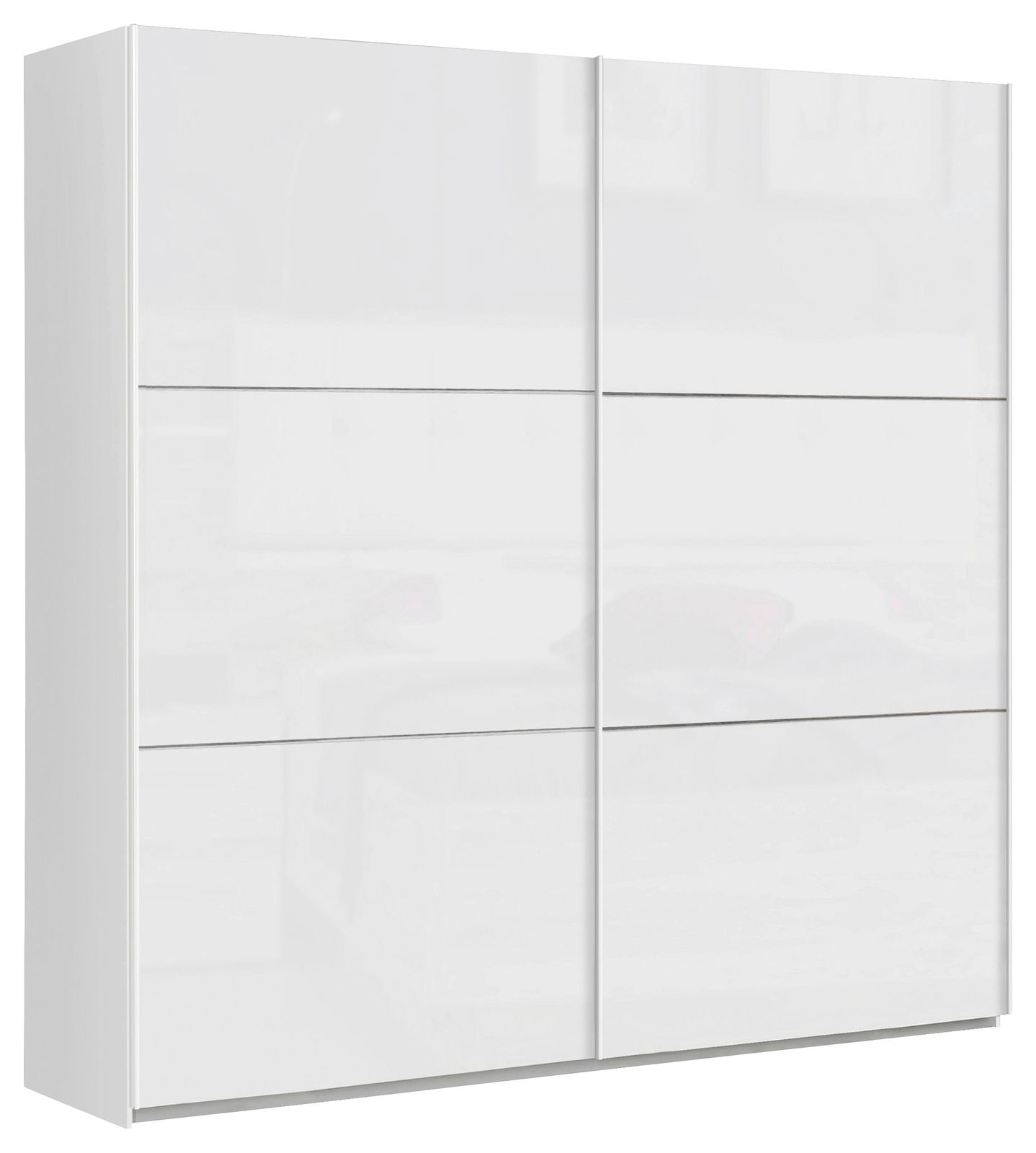 Weißer, zweitüriger Schwebetürenschrank aus der Frontalperspektive