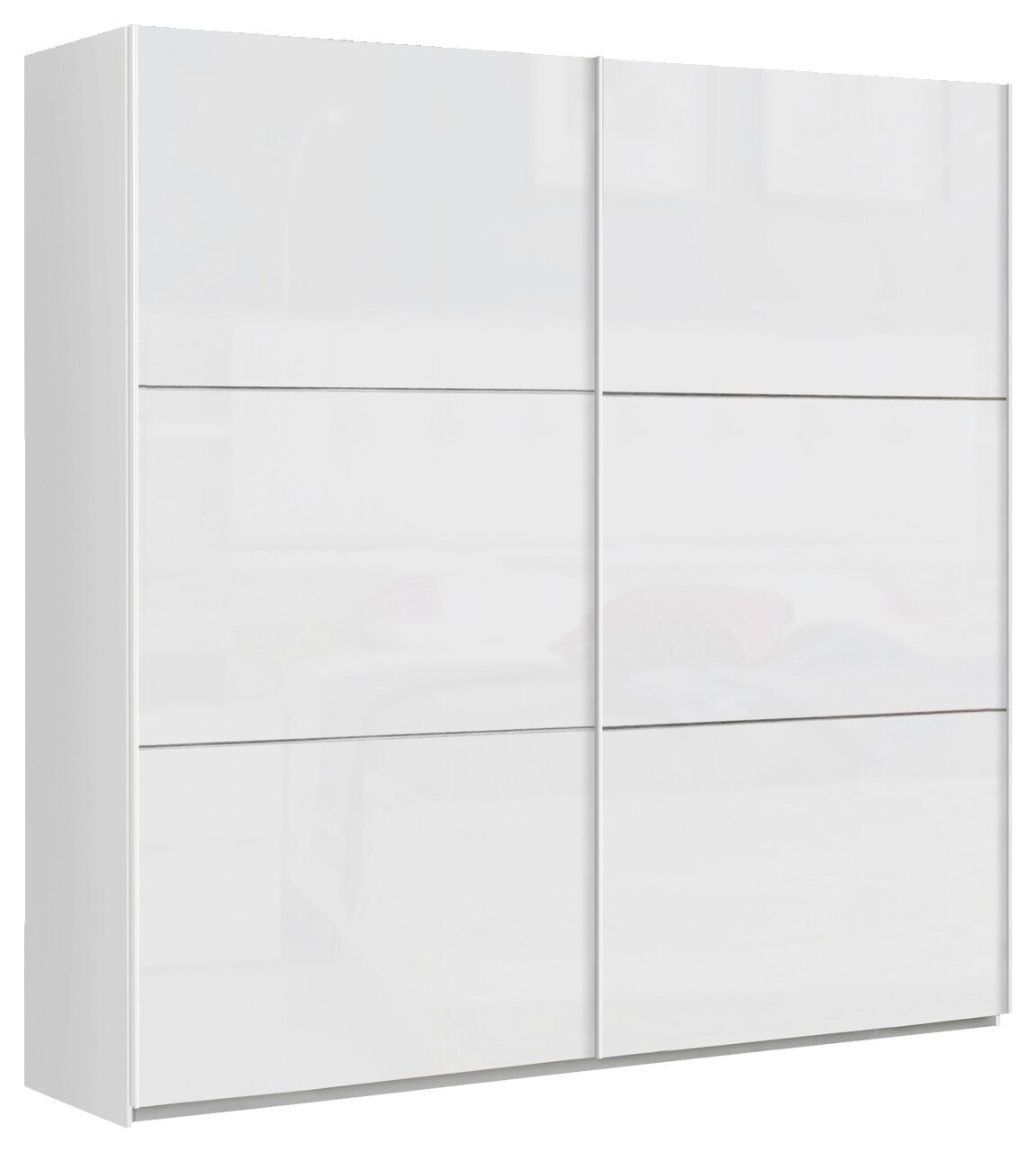 Weißer, zweitüriger Schwebetürenschrank aus der Frontalperspektive