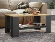 Moderner Couchtisch mit heller Holzplatte und dunkelgrauem Gestell samt Ablagefach, im Wohnzimmer vor beigem Sofa dekoriert mit Pflanze, Macarons und Kaffee; Perspektive: frontale, leicht erhöhte Ansicht.