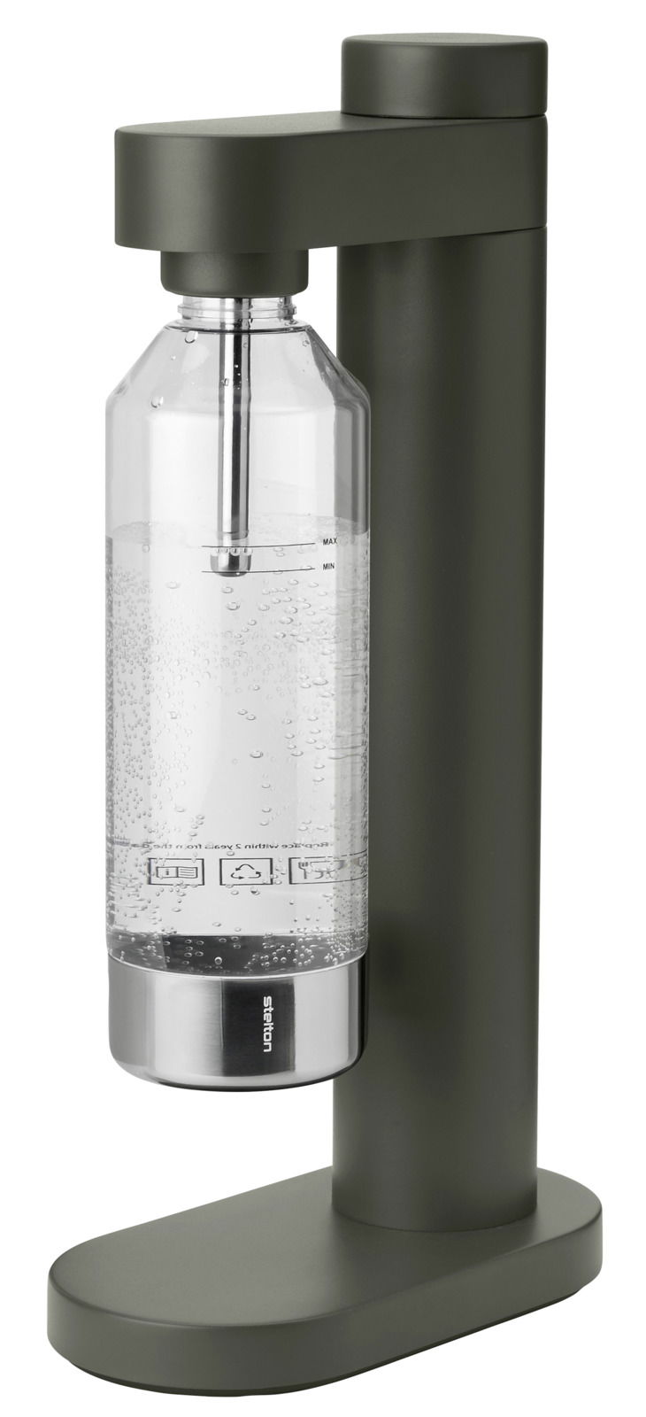 Wassersprudler in der Farbe Dark Forest, seitliche Perspektive