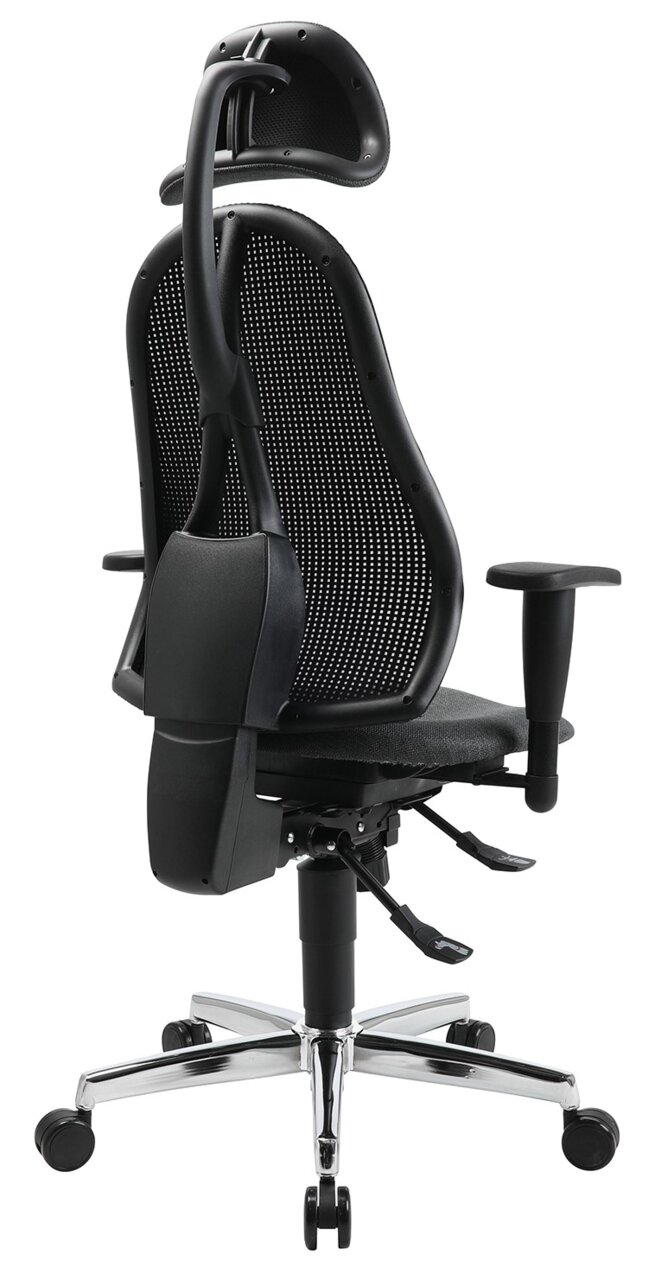 Ergonomischer Drehstuhl mit Netzrückenlehne und Kopfstütze, seitliche Ansicht