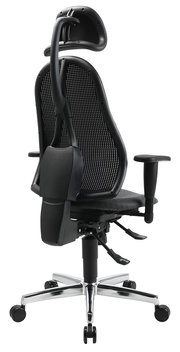 Ergonomischer Drehstuhl mit Netzrückenlehne und Kopfstütze, seitliche Ansicht