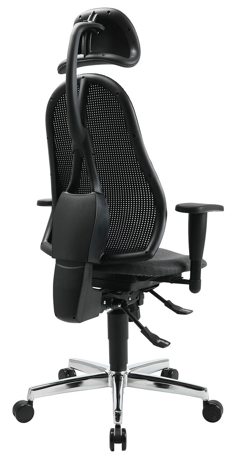 Ergonomischer Drehstuhl mit Netzrückenlehne und Kopfstütze, seitliche Ansicht