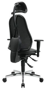 Ergonomischer Drehstuhl mit Netzrückenlehne und Kopfstütze, seitliche Ansicht