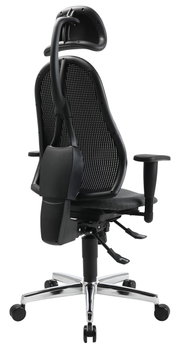 Ergonomischer Drehstuhl mit Netzrückenlehne und Kopfstütze, seitliche Ansicht