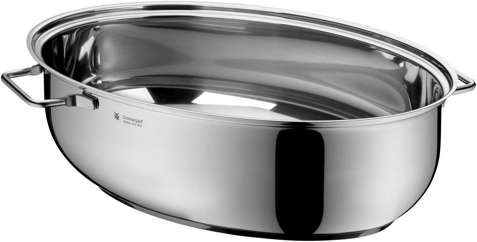 Ovaler Extrabräter aus Edelstahl mit zwei Griffen, seitliche Perspektive