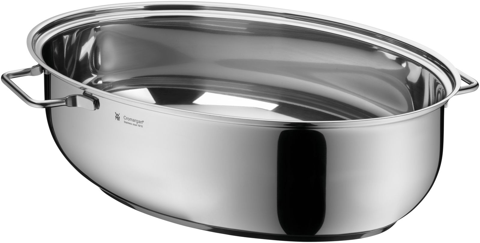 Ovaler Extrabräter aus Edelstahl mit zwei Griffen, seitliche Perspektive